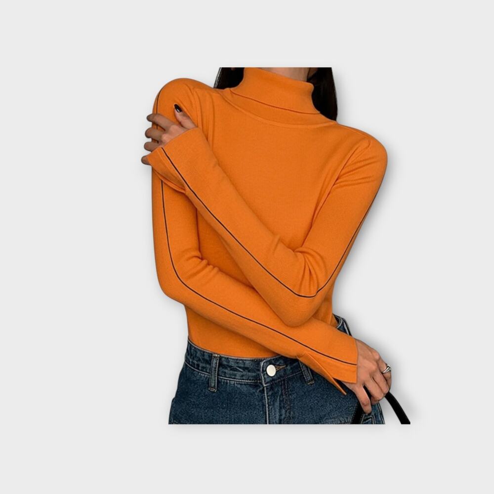 Commense Contrast Piping Turtleneck Knit Sweater Orange XL Modern Chic - NWT